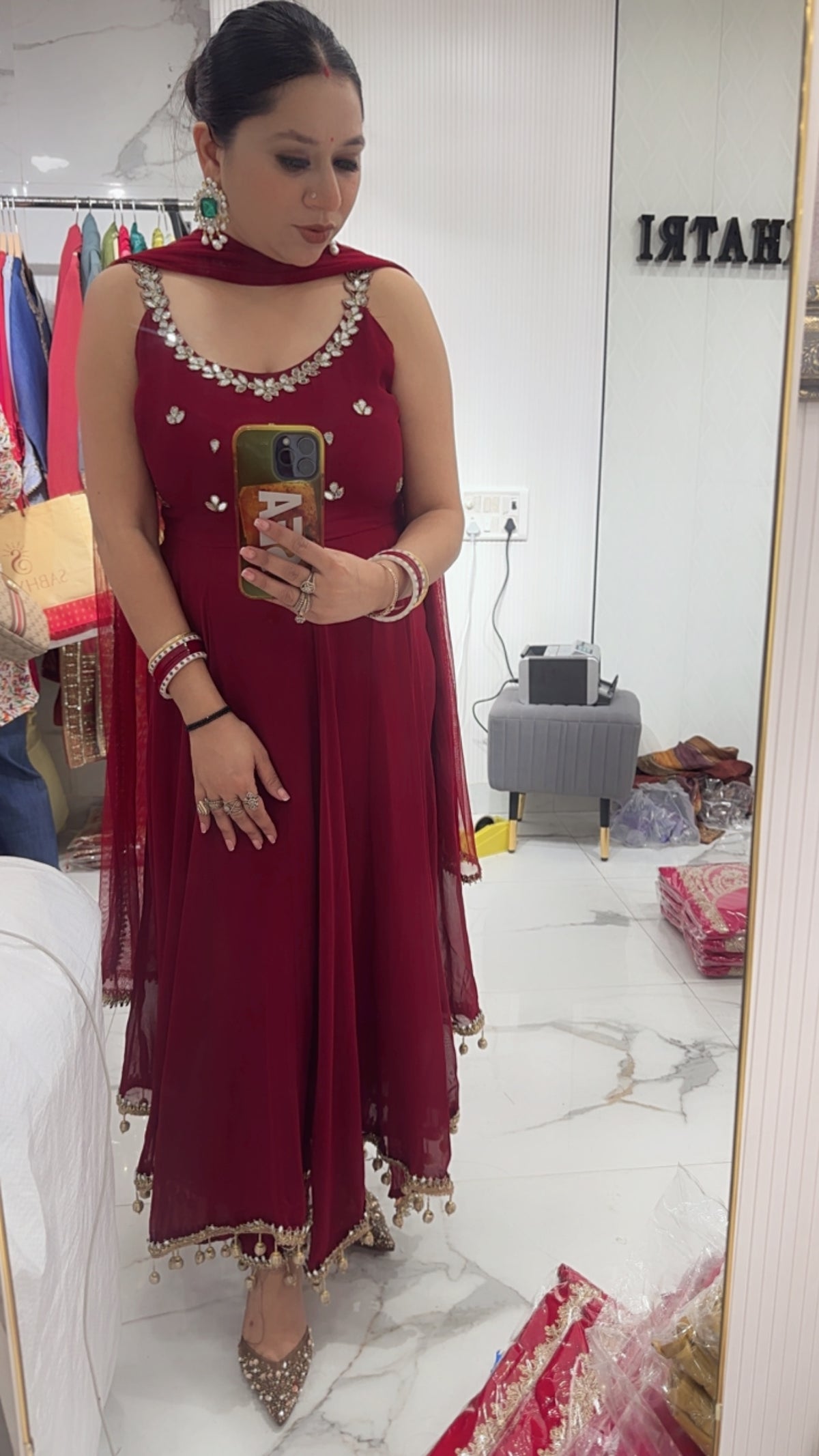 Bandhan Mahroon Designer Anarkali Suit (Sleeve Fabric Attached)