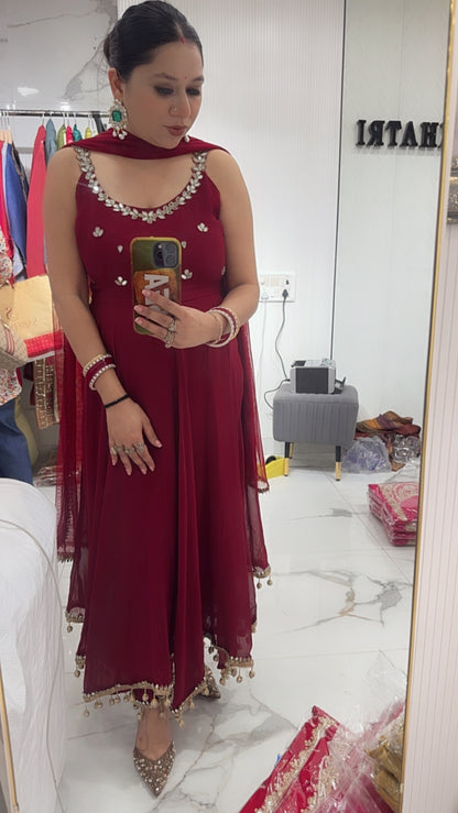 Bandhan Mahroon Designer Anarkali Suit (Sleeve Fabric Attached)