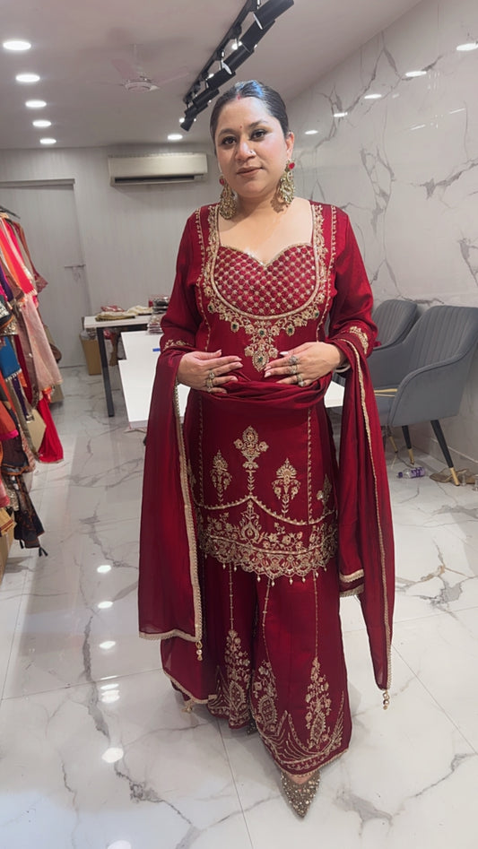 Sargi Mahroon Karwa Handwork Designer Suit