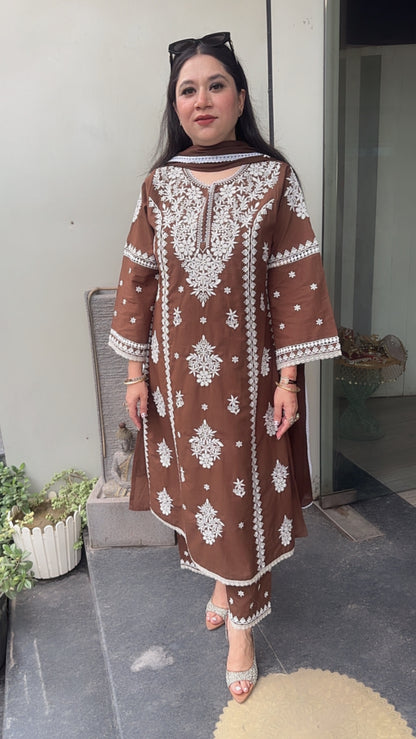 Chikoo Brown Chikankari A-Line Cotton Suit