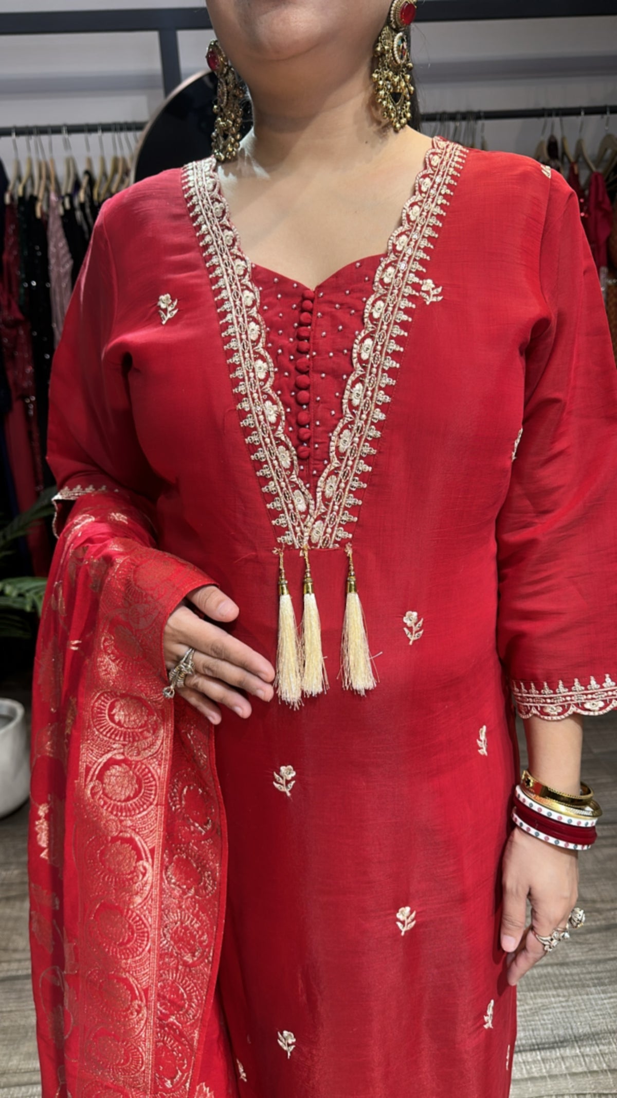 Kangana Red Banarasi Dupatta Cotton Suit
