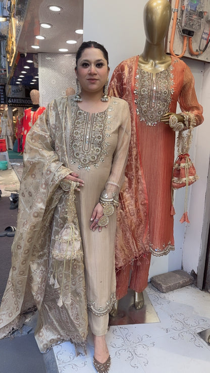 Kesariya Golden Karwa with potli Designer Suit
