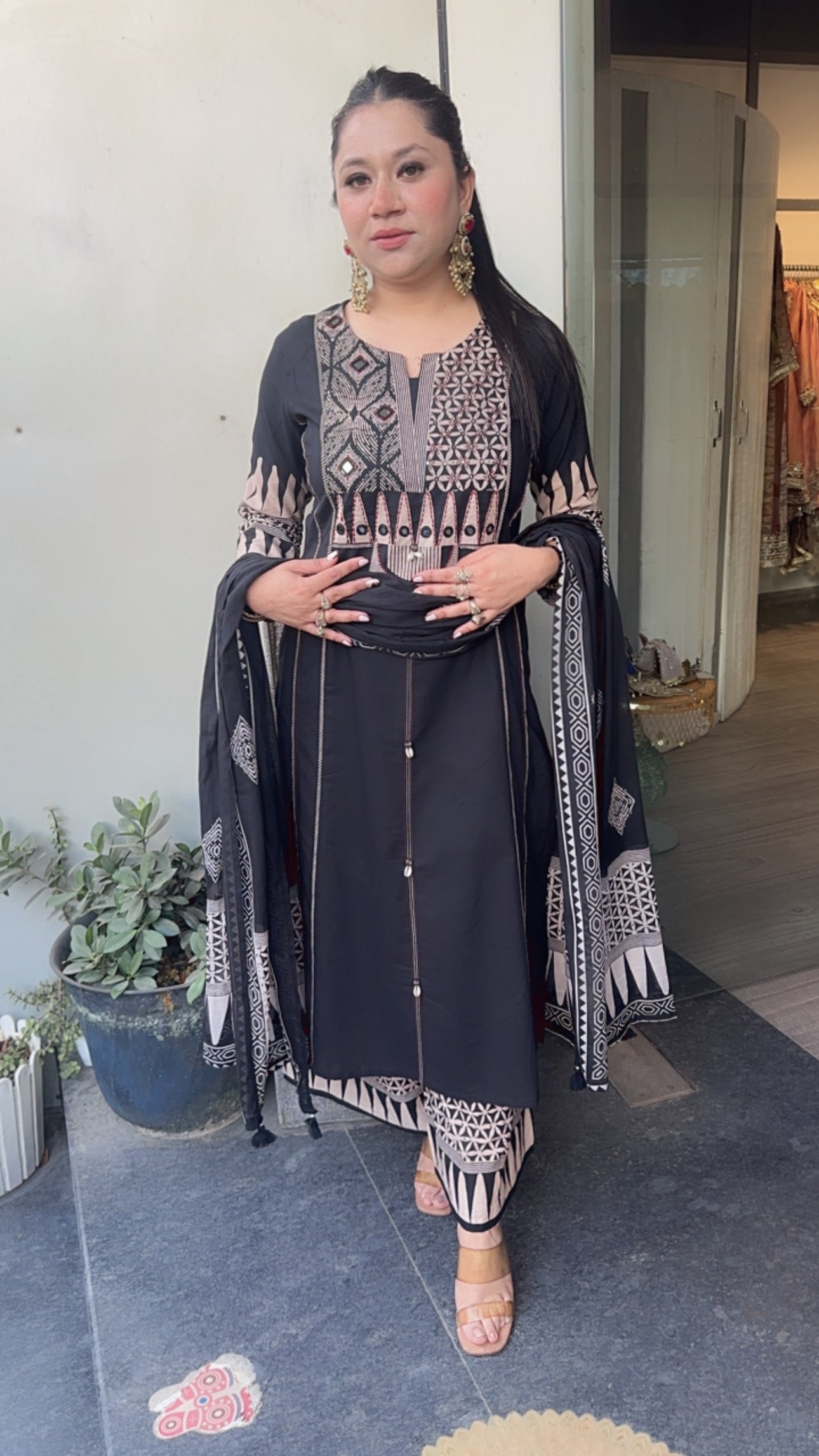 Lahore Black Cotton A-line pocket Designer Suit