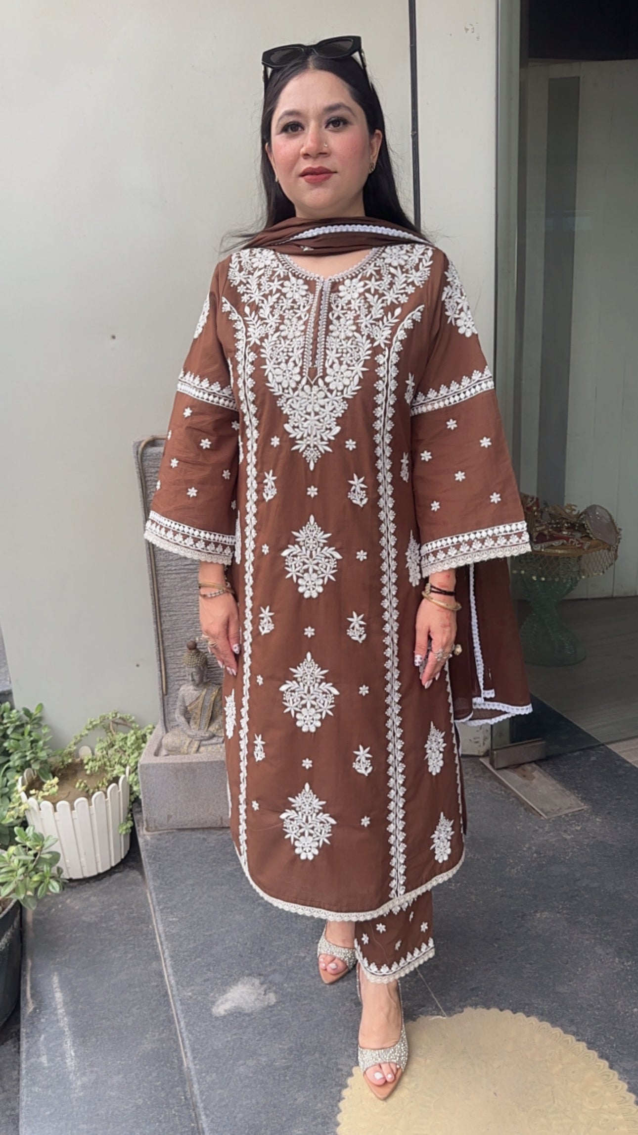 Chikoo Brown Chikankari A-Line Cotton Suit