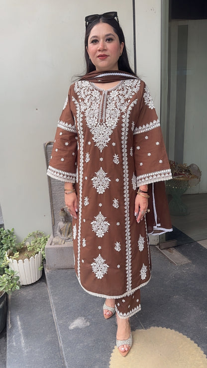 Chikoo Brown Chikankari A-Line Cotton Suit