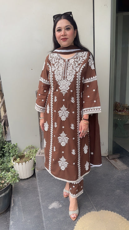 Chikoo Brown Chikankari A-Line Cotton Suit