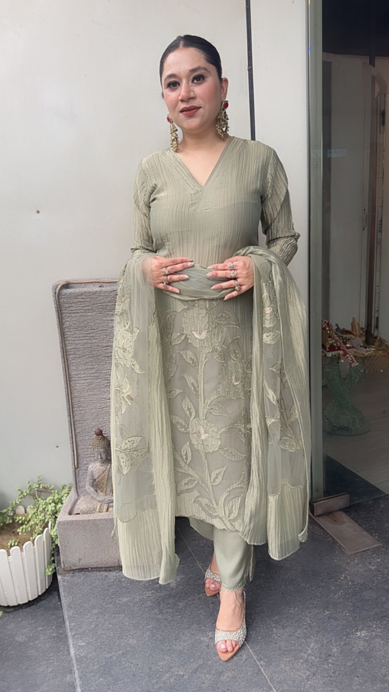 Nargis Olive Green Applique work Designer Suit