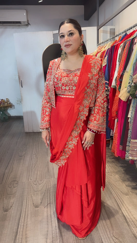 Ambika Rust Jacket Style Designer Saree