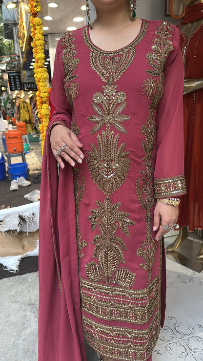 Rasbhari Onion pink Handwork Designer Pakistani Suit