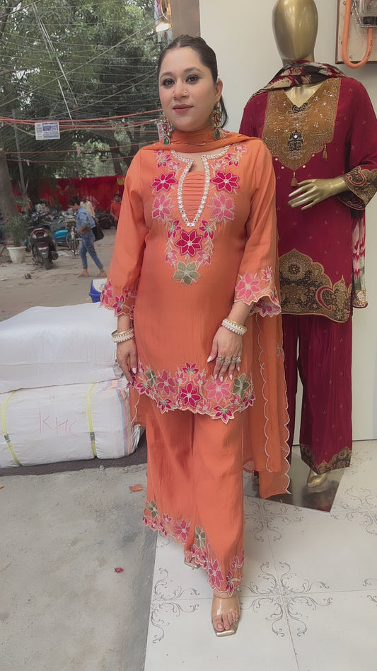 Lily Orange Thread work Designer Suit