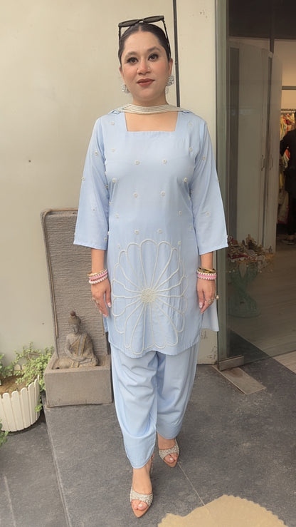 Libra Powder Blue Designer Pearl Dupatta Suit
