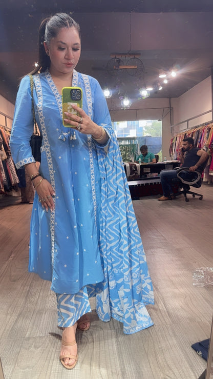 Aliza Aqua Blue Cotton Designer Suit