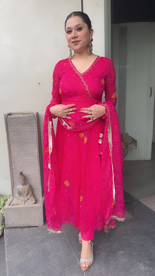 Hayaat Magenta Pink leheria Digital print Designer Anarkali