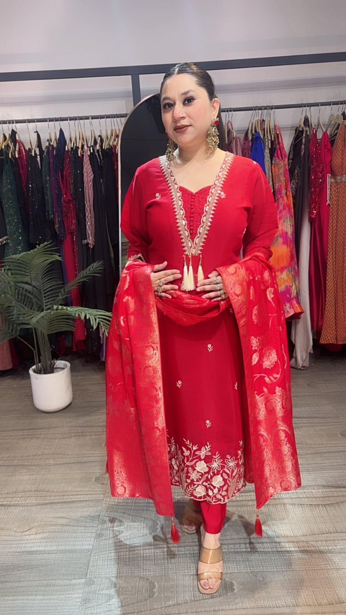 Kangana Red Banarasi Dupatta Cotton Suit