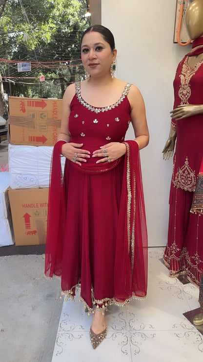 Bandhan Mahroon Designer Anarkali Suit (Sleeve Fabric Attached)