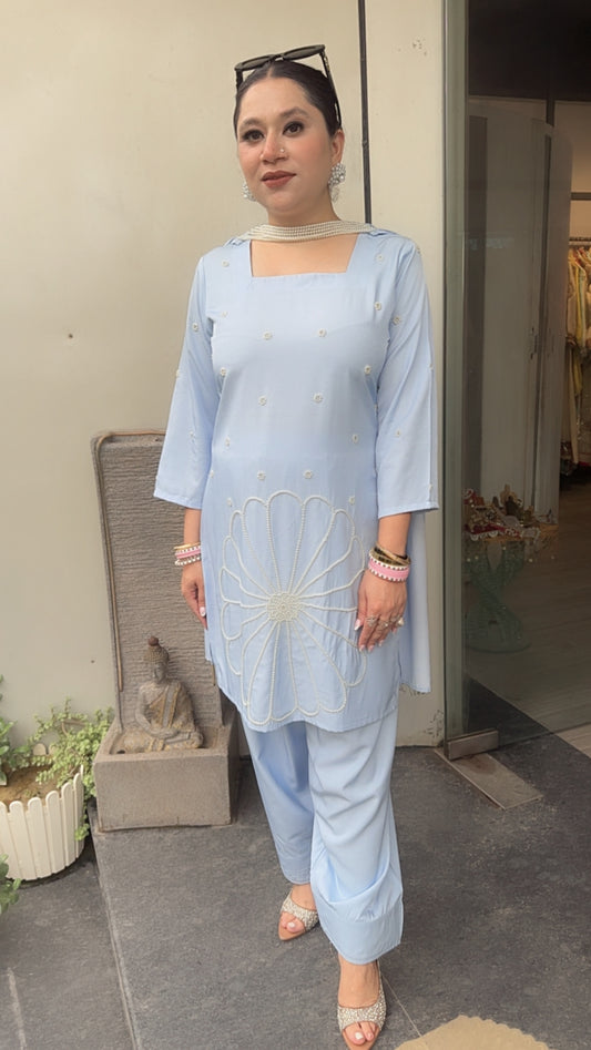 Libra Powder Blue Designer Pearl Dupatta Suit