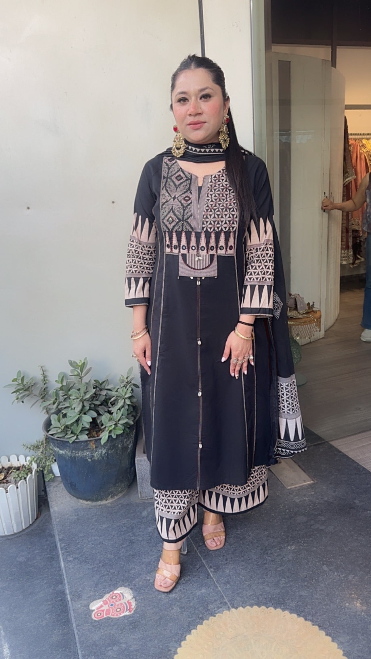Lahore Black Cotton A-line pocket Designer Suit
