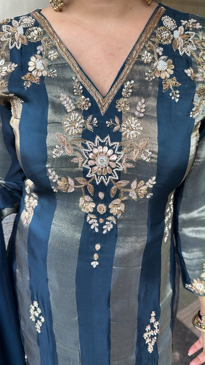 Charkha Teal Blue Hand Embroidery Designer Suit