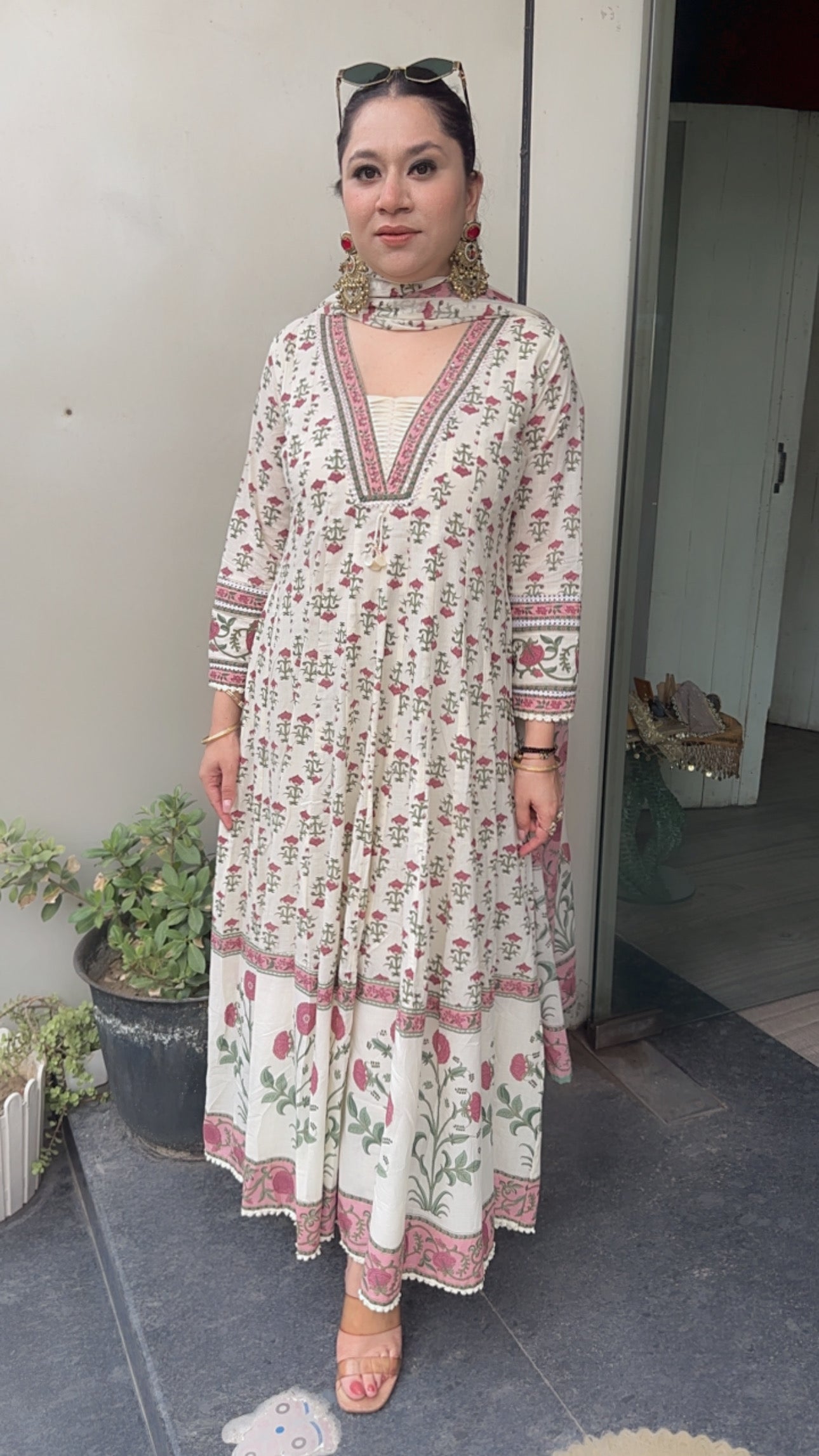 Lily Ivory Floral Print Cotton Anarkali