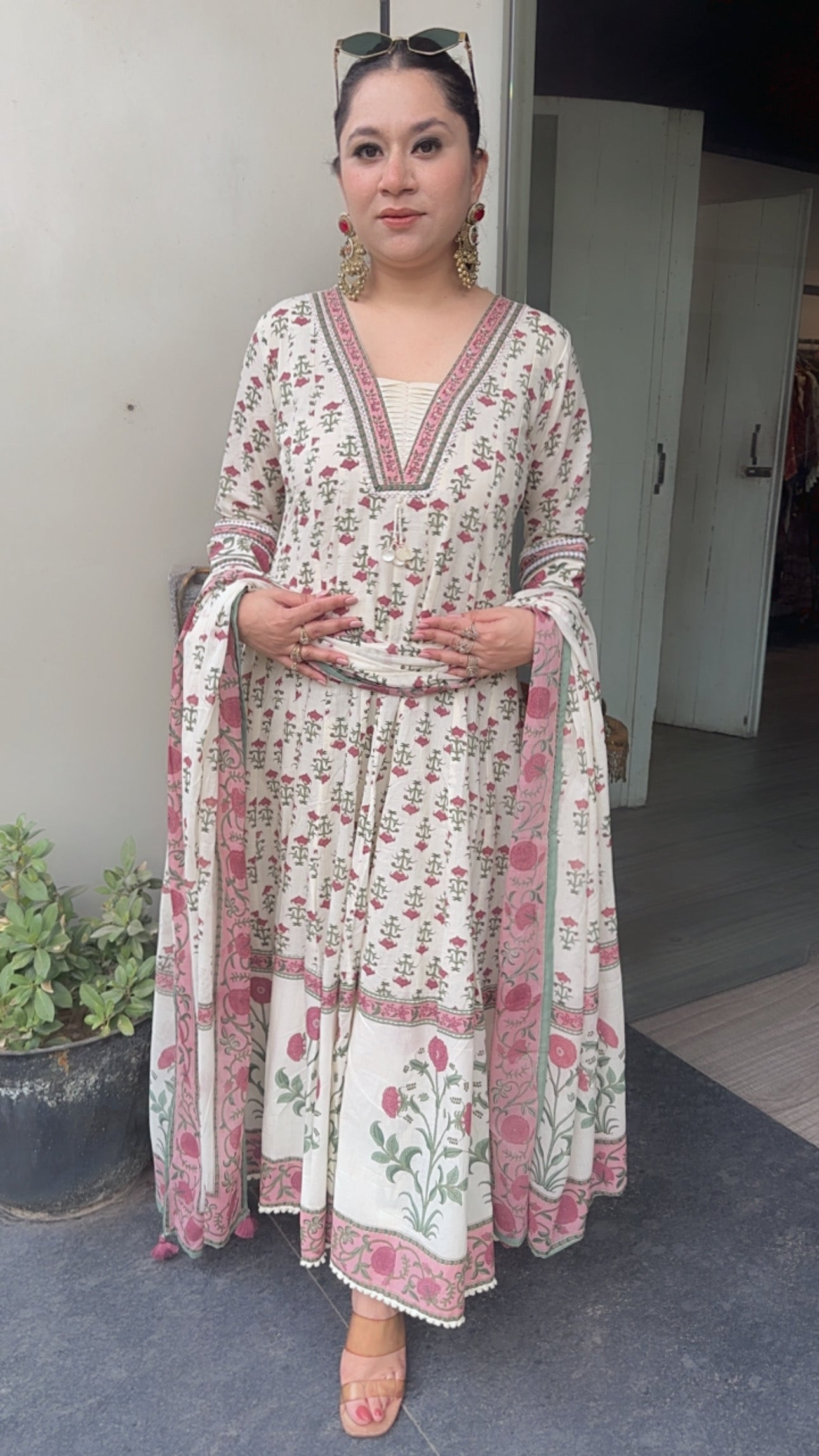 Lily Ivory Floral Print Cotton Anarkali