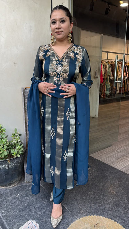Charkha Teal Blue Hand Embroidery Designer Suit