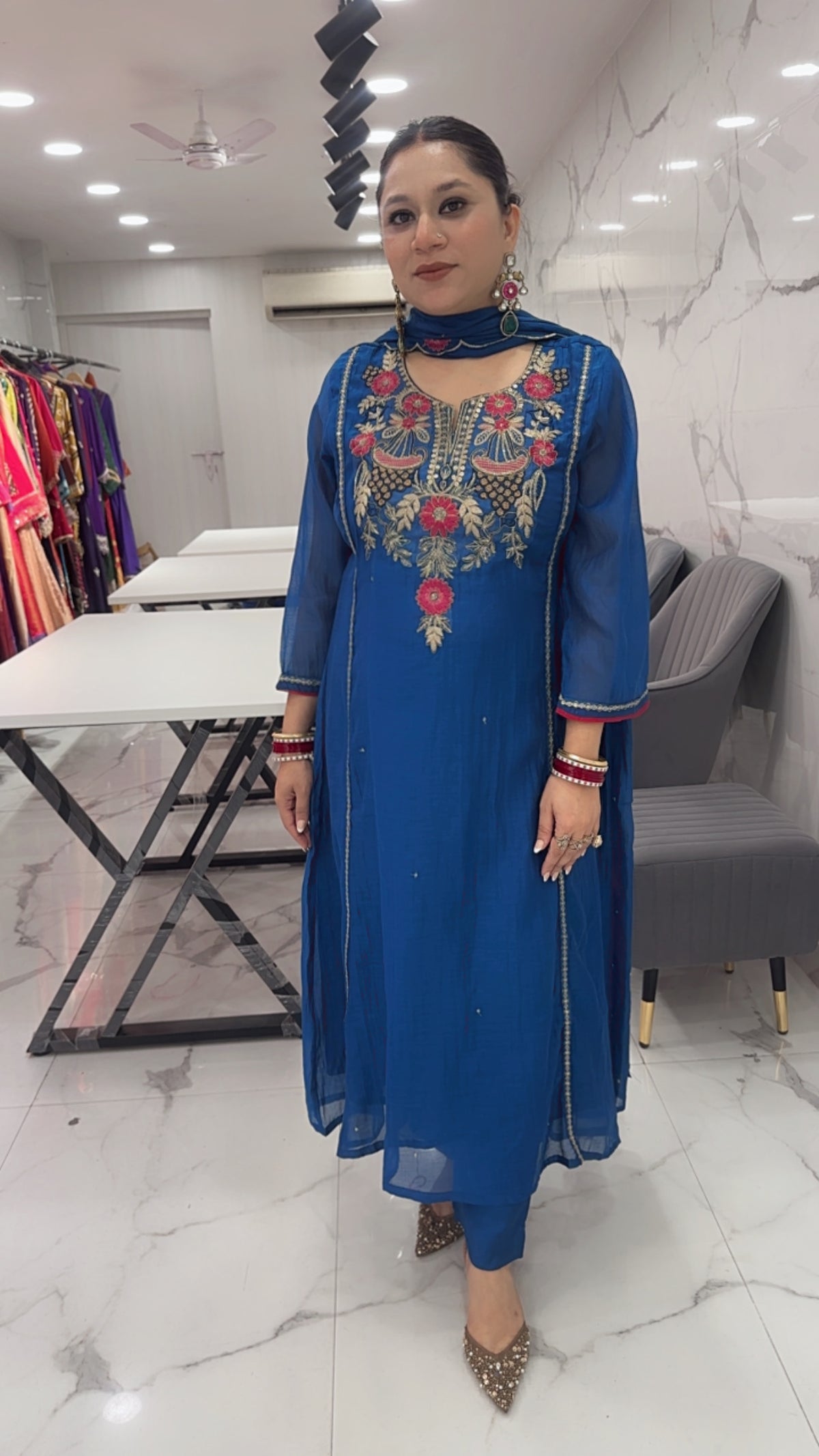 Kalash Royal Blue Hand Work A-Line Designer Suit