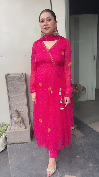 Hayaat Magenta Pink leheria Digital print Designer Anarkali