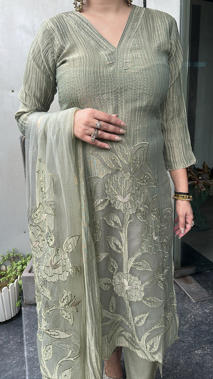Nargis Olive Green Applique work Designer Suit