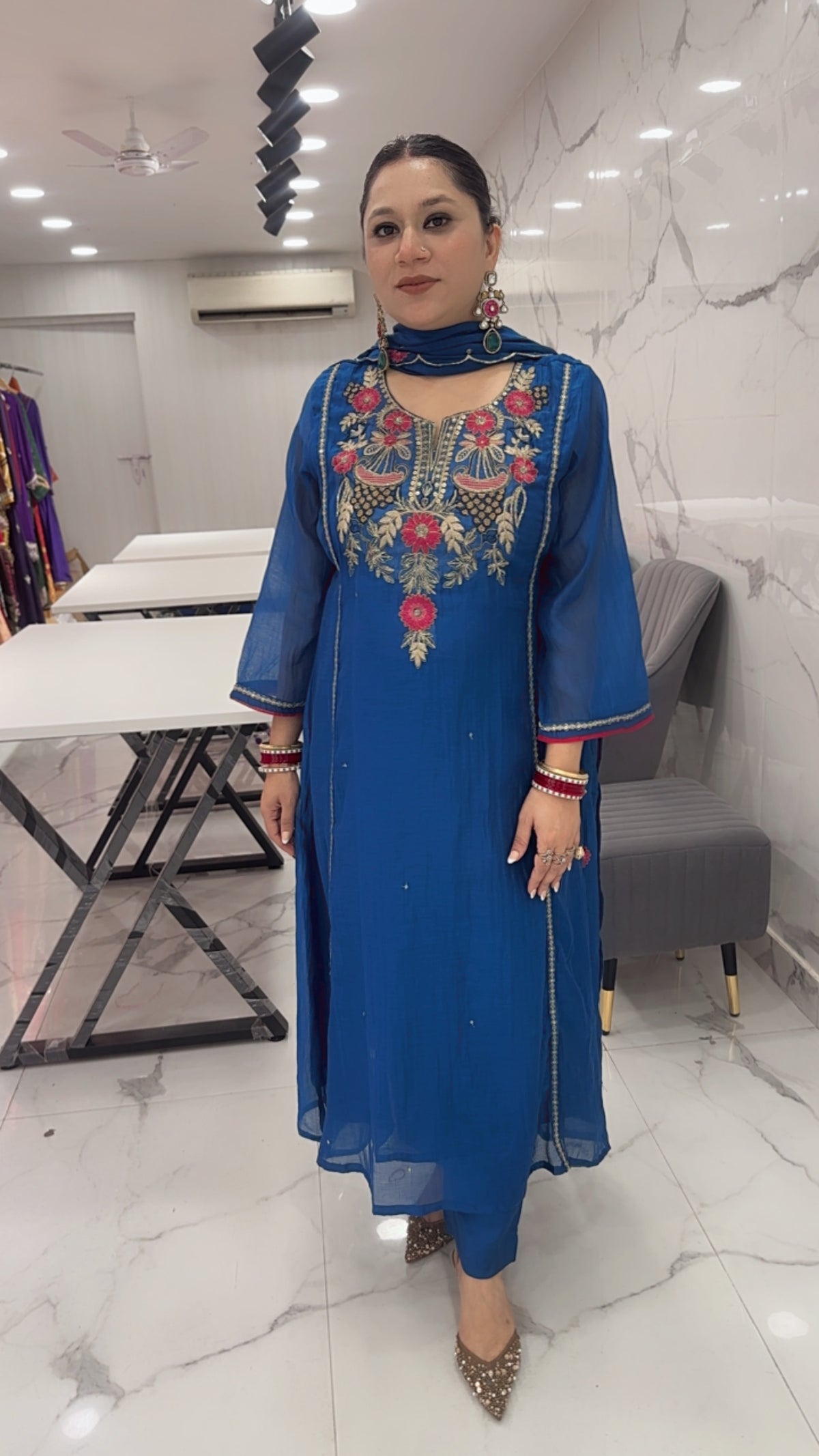Kalash Royal Blue Hand Work A-Line Designer Suit