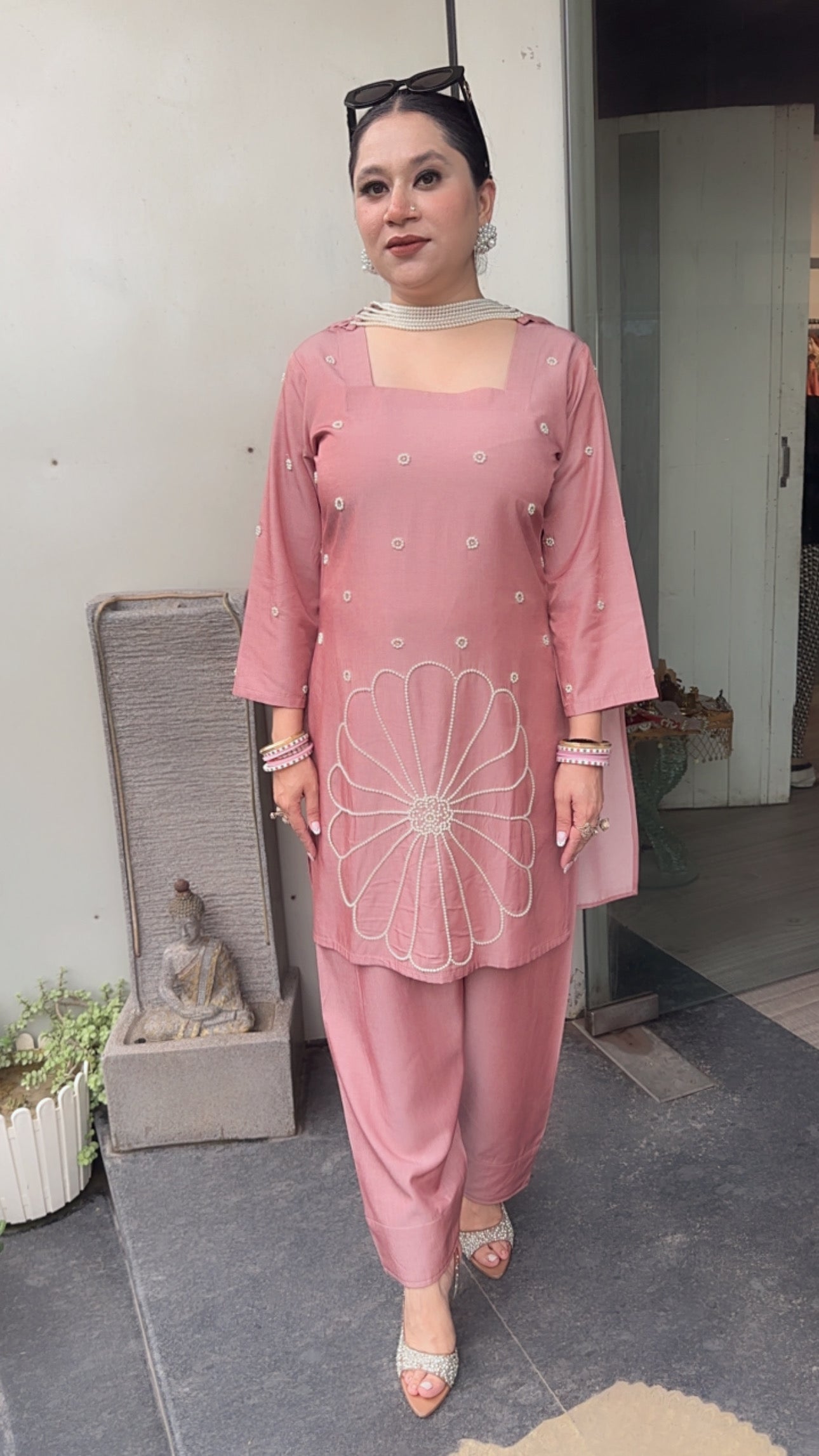 Libra Onion pink Designer pearl Dupatta Suit