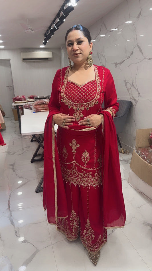 Sargi Red Karwa Handwork Designer Suit