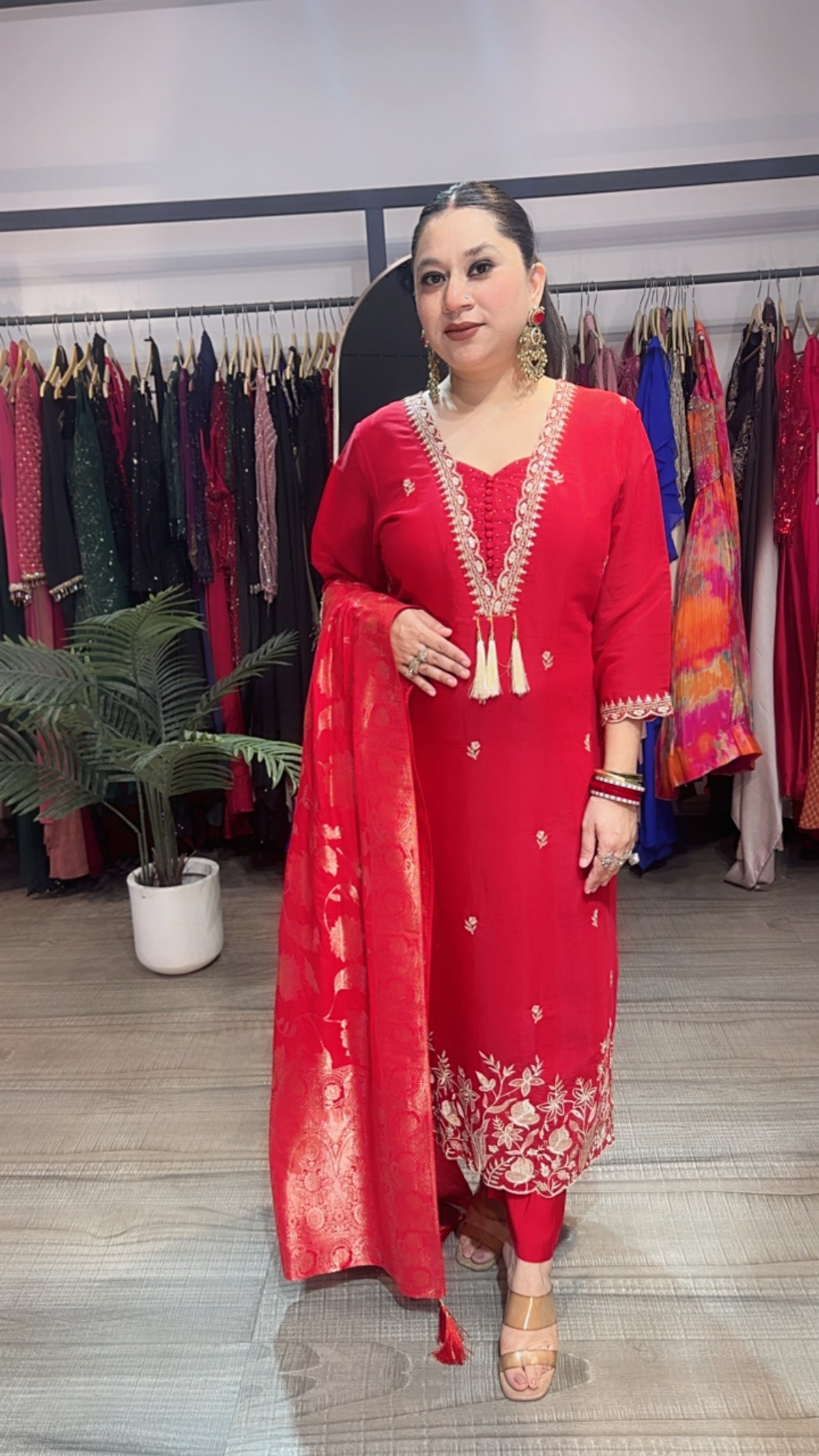 Kangana Red Banarasi Dupatta Cotton Suit