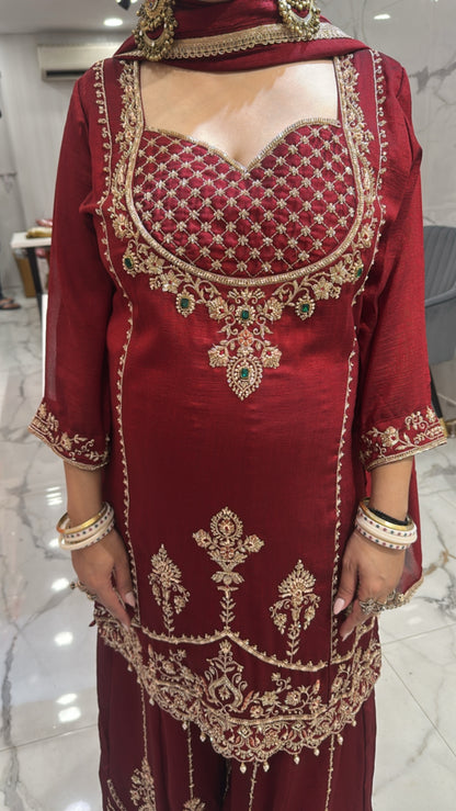 Sargi Mahroon Karwa Handwork Designer Suit