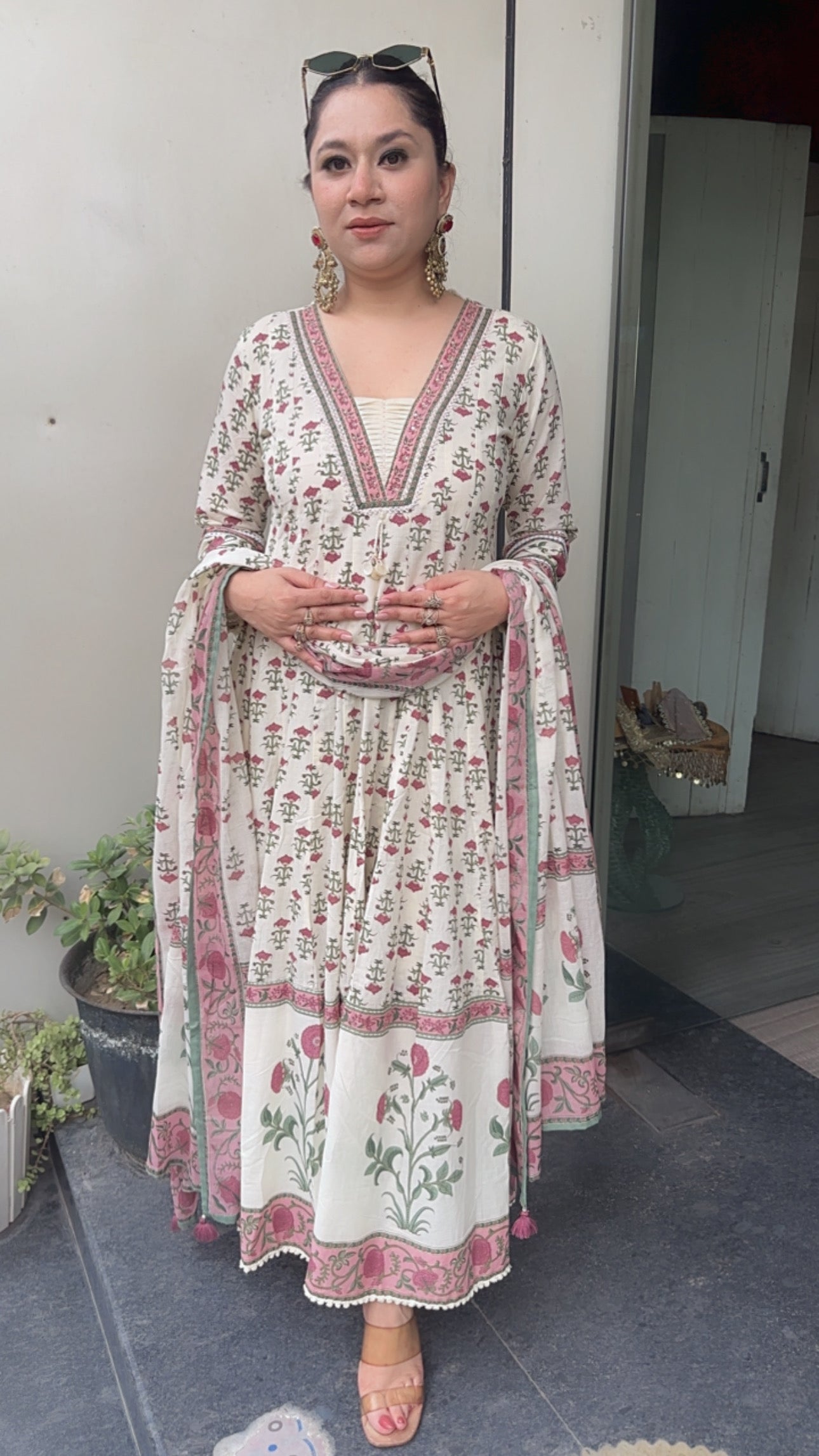 Lily Ivory Floral Print Cotton Anarkali