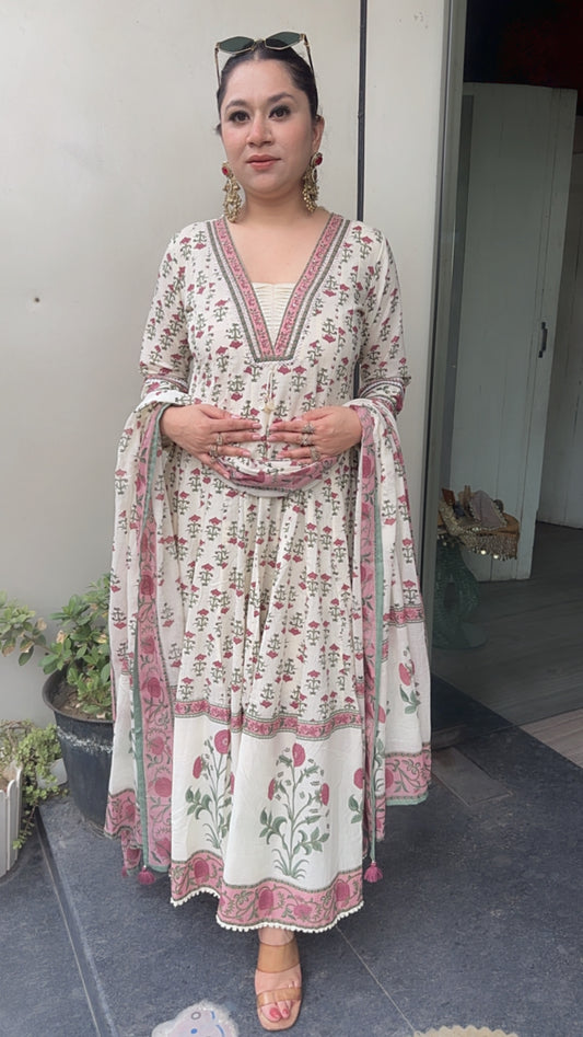 Lily Ivory Floral Print Cotton Anarkali
