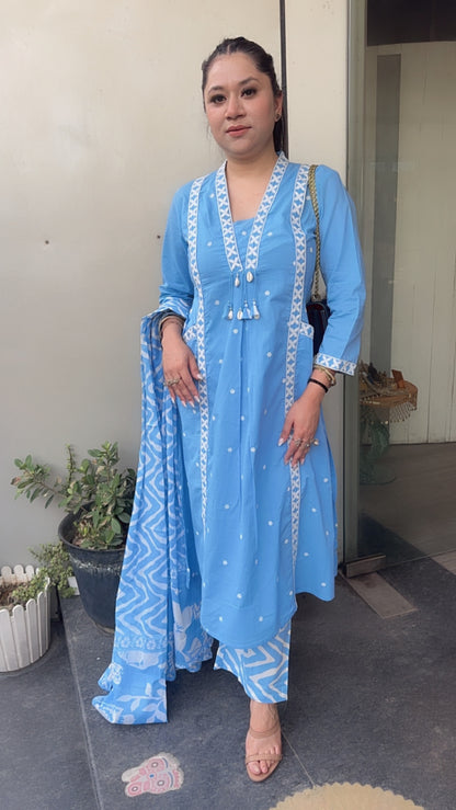 Aliza Aqua Blue Cotton Designer Suit
