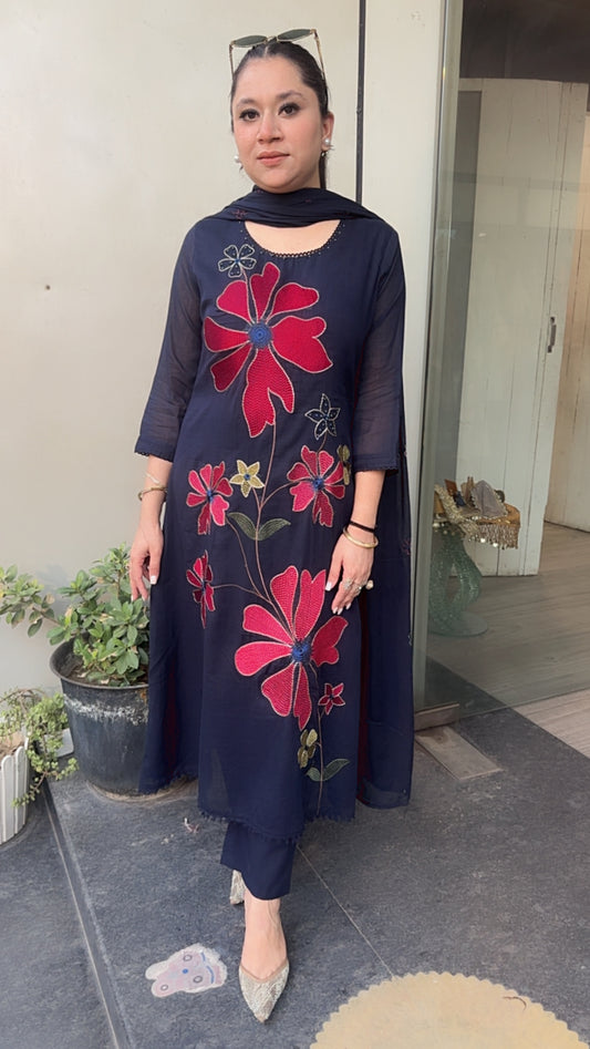 Aysha Navy Blue Aline Cotton Designer suit