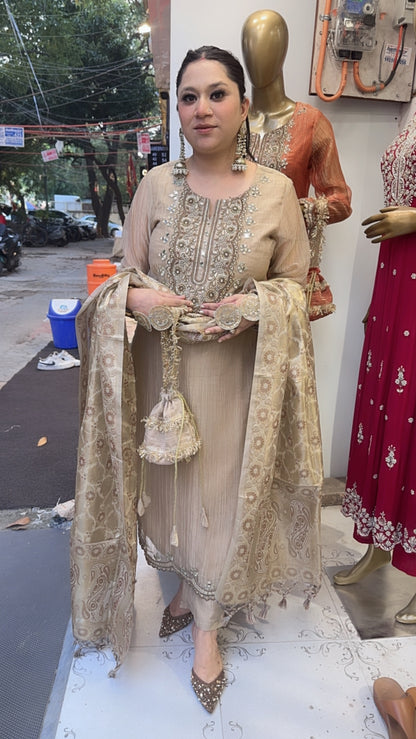 Kesariya Golden Karwa with potli Designer Suit