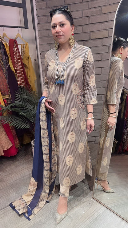 Leela Blue Beige Designer Cotton Suit