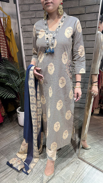 Leela Blue Beige Designer Cotton Suit
