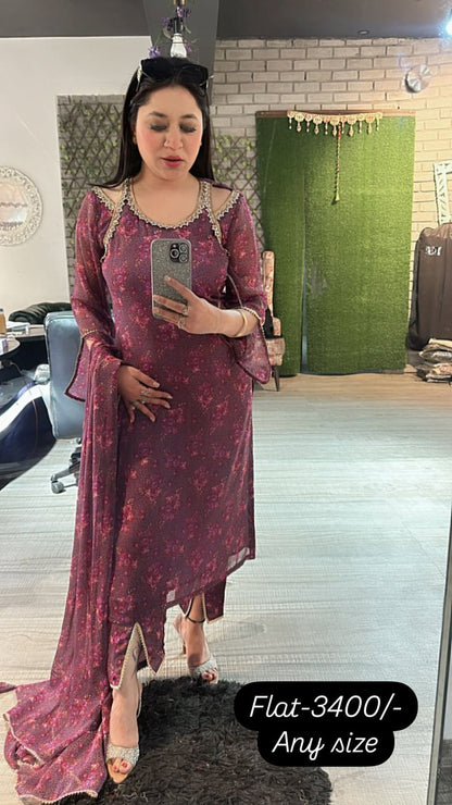Shoulder cut printed suit 3pc