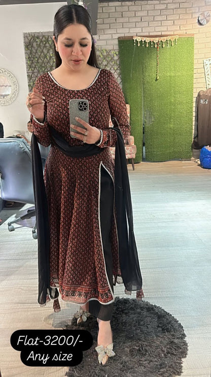Cut Anarkali printed suit 3pc