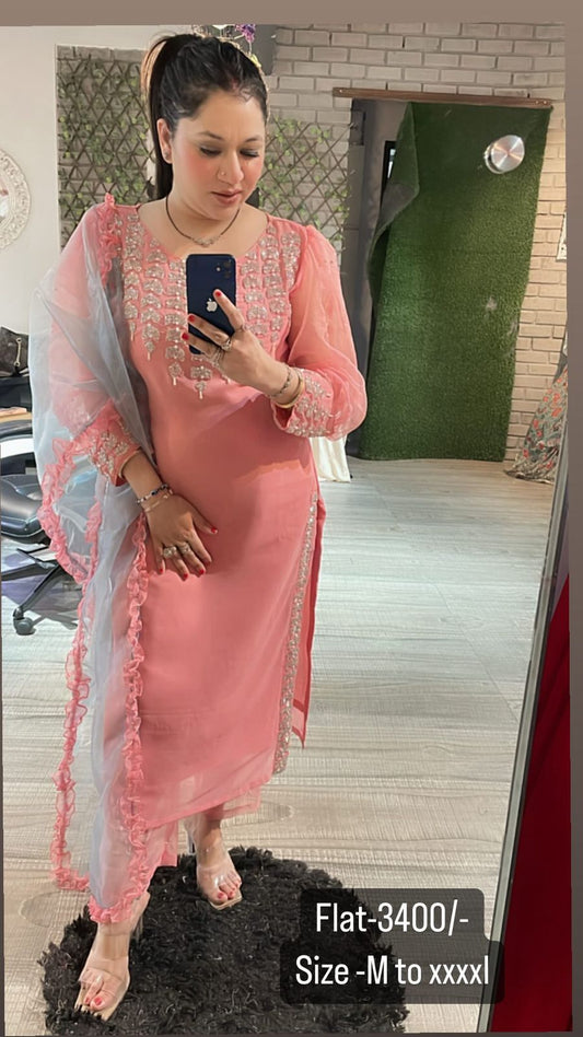 Baby Pink Embroidered katdana organza sleeves design suit 3pc