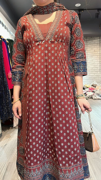 Rust Mahroon Amour printed Anarkali