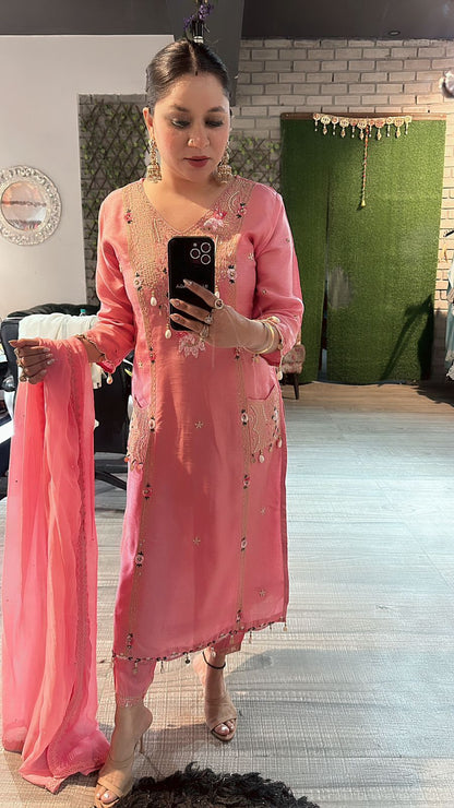 Moga pink pocket embroidered suit