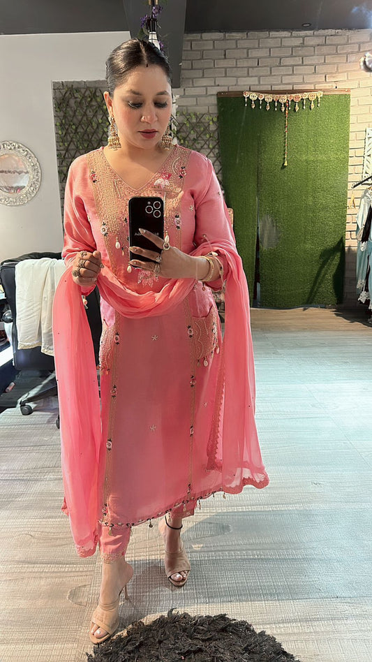 Moga pink pocket embroidered suit