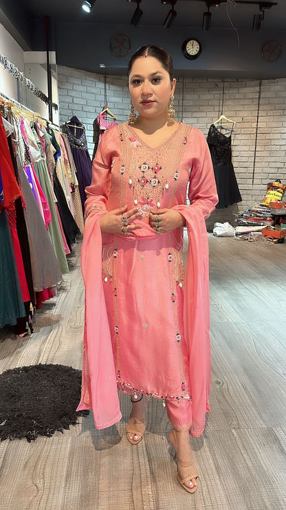Moga pink pocket embroidered suit