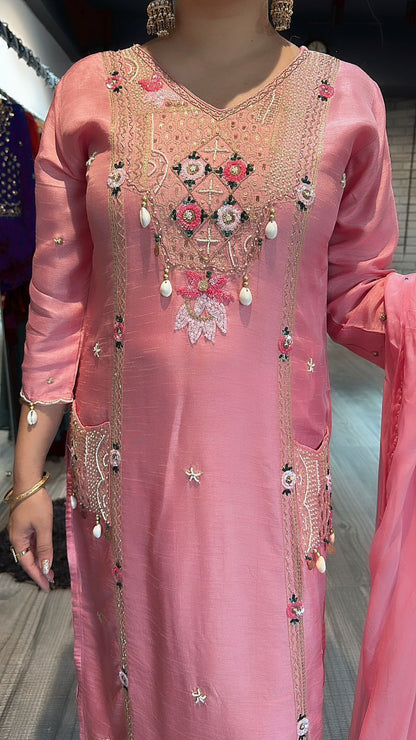 Moga pink pocket embroidered suit
