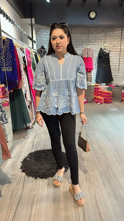 Light Denim flower Top