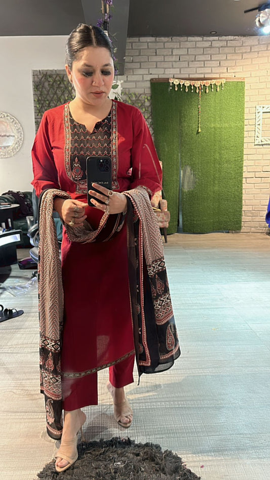 Johri Mahroon Mirror Block print suit